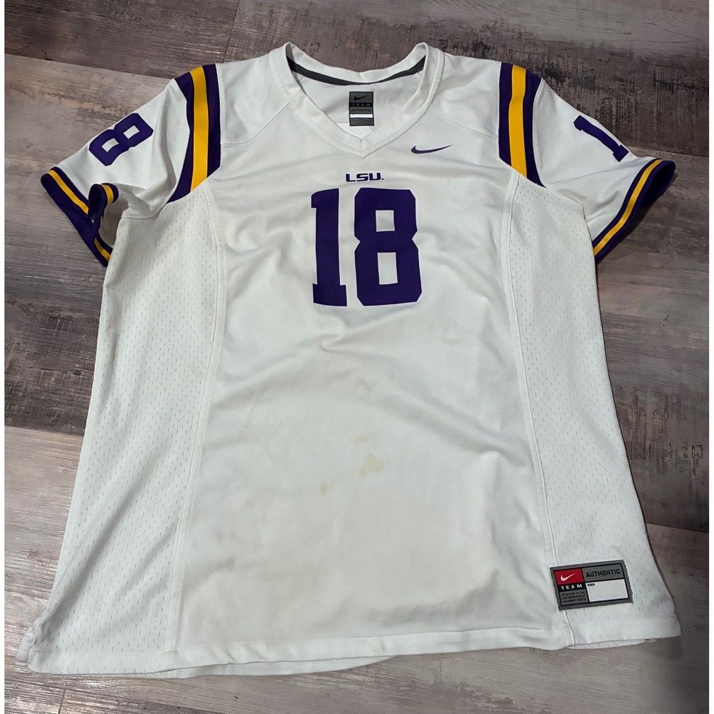 Nike LSU Tigers Jersey Mens White Purple Gold Football Number 18 Authentic NCAA